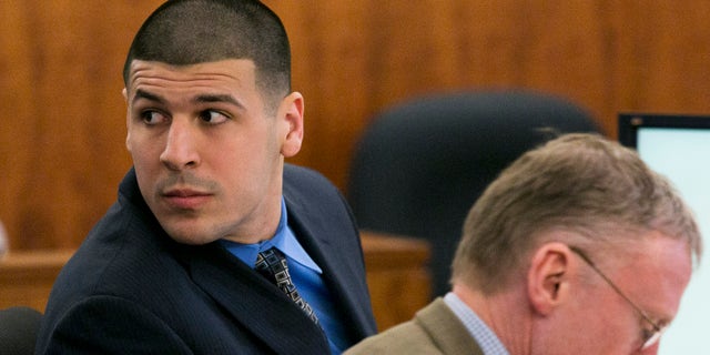 Aaron Hernandez during his murder trial Monday, March 23, 2015, in Fall River, Mass.