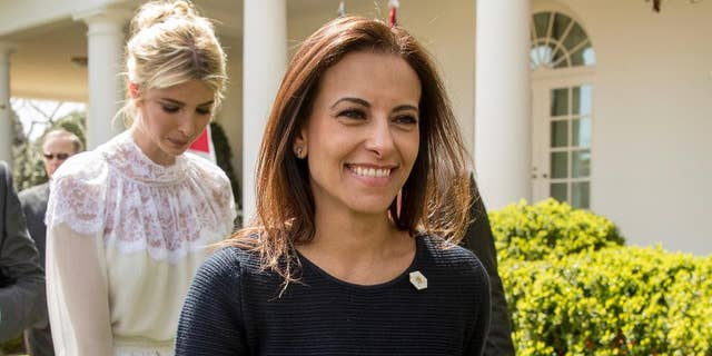 In this photo taken April 5, 2017, White House Senior Counselor for Economic Initiatives Dina Powell, followed by Ivanka Trump, leave news conference in the Rose Garden at the White House in Washington. Powell is on President Trump's shortlist to replace outgoing U.N. Ambassador Nikki Haley.