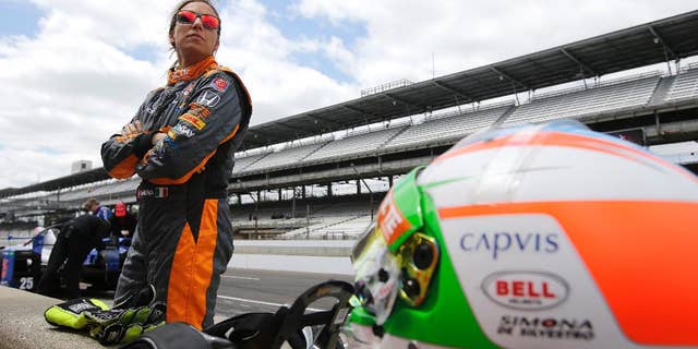 Driver Simona de Silvestro, of Switzerland, watches during practice for the Indianapolis 500 auto race at Indianapolis Motor Speedway in Indianapolis, Tuesday, May 12, 2015. (AP Photo/Darron Cummings)