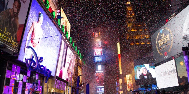 FILE -- Confetti falls during the annual New Year's Eve celebration in Times Square.