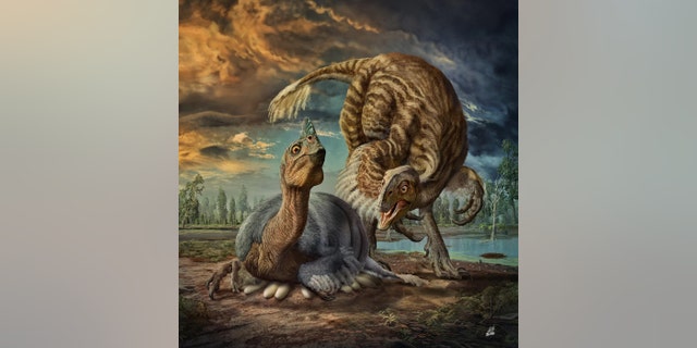 An artist's depiction of giant oviraptorosaurs nesting (Credit: Zhao Chuang)