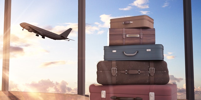 travel bags and airplane in sky