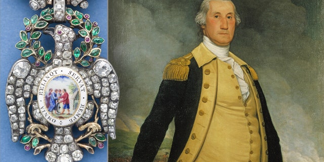 The Diamond Eagle medal (© The Society of the Cincinnati) and portrait of George Washington by Joseph Wright, 1784. (Courtesy of the Philadelphia History Museum at the Atwater Kent, the Historical Society of Pennsylvania Collection)