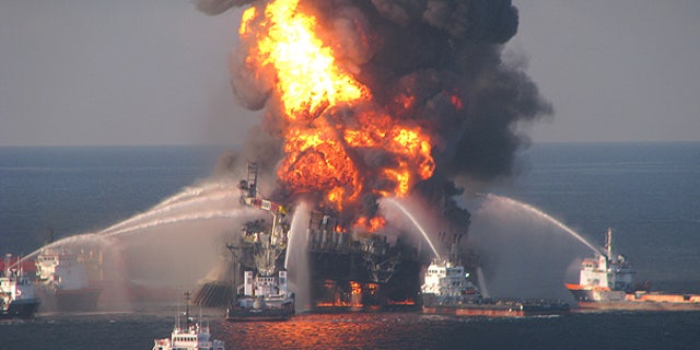 Apr. 21: Fire boat crews battle the blazing remnants of the offshore oil rig Deepwater Horizon.