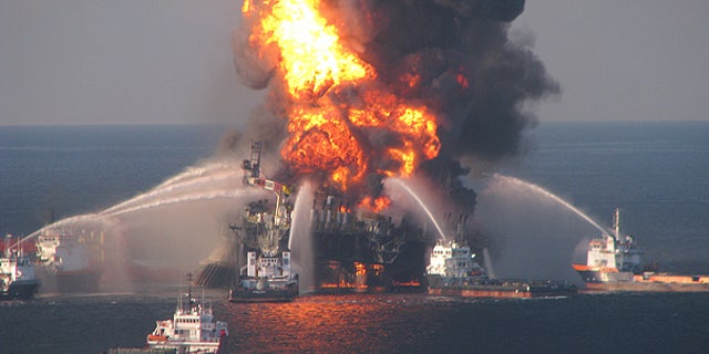 Apr. 21: Fire boat crews battle the blazing remnants of the offshore oil rig Deepwater Horizon.