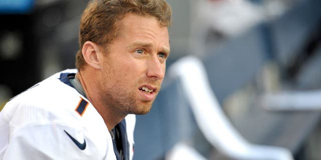 Dec 14, 2014; San Diego, CA, USA; Denver Broncos kicker Connor Barth (1) looks on from the bench during the fourth quarter against the San Diego Chargers at Qualcomm Stadium. Mandatory Credit: Jake Roth-USA TODAY Sports