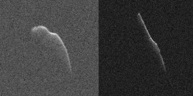 These images of an asteroid 3,600 feet (1,100 meters) long were taken on Dec. 17 (left) and Dec. 22 by scientists using NASA's giant Deep Space Network antenna at Goldstone, California. This asteroid will safely fly past Earth on Dec. 24, at a distance of 6.8 million mile. (NASA/JPL-Caltech/GSSR)