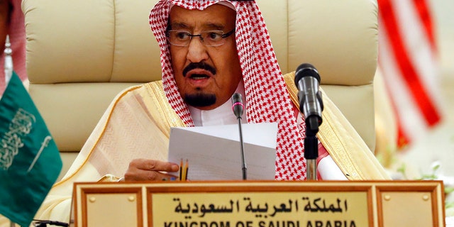 FILE - In this Sunday, Oct. 22, 2017 file photo, Saudi King Salman speaks during a meeting of the Saudi-Iraqi Bilateral Coordination Council with Secretary of State Rex Tillerson and Iraqi Prime Minister Haider al-Abadi, in Riyadh, Saudi Arabia. President Donald Trump says he has received assurances from King Salman of Saudi Arabia that the kingdom will increase oil production,