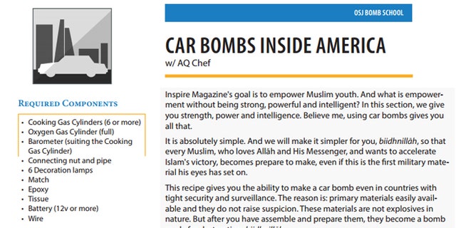The spring 2014 edition of Inspire magazine, seen above, urges jihadists to target specific U.S. locations using car bombs. Detailed instructions and simple diagrams on every step are provided.