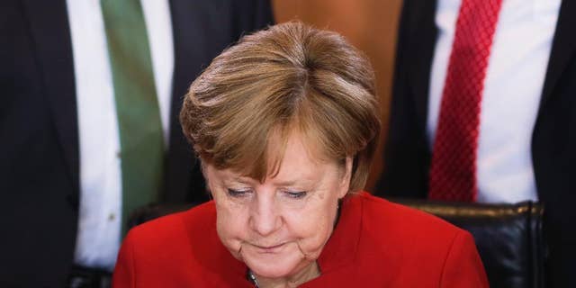 German Chancellor Angela Merkel attends the weekly cabinet meeting of the German government at the chancellery in Berlin, Wednesday, May 3, 2017. (AP Photo/Markus Schreiber)
