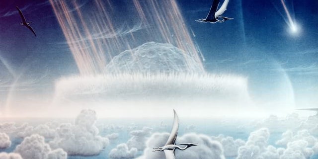 An artist's rendering from 1994, illustrating the Chicxulub asteroid impact that killed off most of the dinosaurs about 66 million years ago.