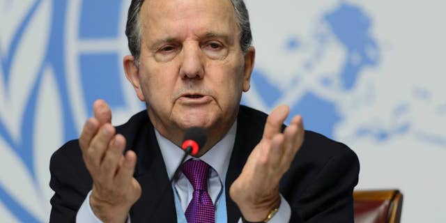 FILE - In this March 11, 2015 file photo, Juan E. Mendez, Special Rapporteur on torture and other cruel, inhuman or degrading treatment or punishment, speaks during a news conference about his annual report to the Human Rights Council at the European headquarters of the United Nations, in Geneva, Switzerland. Mendez, speaking on Wednesday, Sept. 21, 2016, has criticized a Turkish government decision to postpone his visit to the country saying the move "sends the wrong message." (Martial Trezzini, Keystone, File via AP)