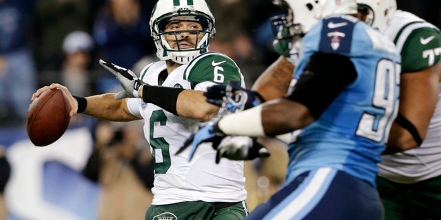 New York Jets quarterback Mark Sanchez (6) passes against the Tennessee Titans in the second quarter of an NFL football game, Monday, Dec. 17, 2012, in Nashville, Tenn. (AP Photo/Wade Payne)