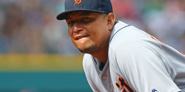 Sep 18, 2016; Cleveland, OH, USA; Detroit Tigers first baseman Miguel Cabrera (24) against the Cleveland Indians at Progressive Field. The Tigers won 9-5. Mandatory Credit: Aaron Doster-USA TODAY Sports