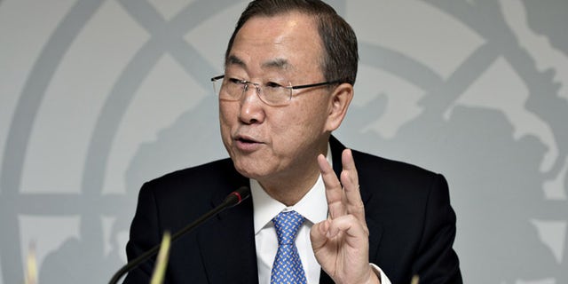 Oct. 23, 2013: UN General Secretary Ban Ki-moon gestures, during a press conference in Copenhagen.
