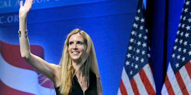 FILE - In this Feb. 12, 2011 file photo, Ann Coulter waves to the audience after speaking at the Conservative Political Action Conference (CPAC) in Washington. The University of California, Berkeley says it's preparing for possible violence on campus whether Coulter comes to speak or not. (AP Photo/Cliff Owen, File)