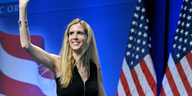 FILE - In this Feb. 12, 2011 file photo, Ann Coulter waves to the audience after speaking at the Conservative Political Action Conference (CPAC) in Washington. The University of California, Berkeley says it's preparing for possible violence on campus whether Coulter comes to speak or not. (AP Photo/Cliff Owen, File)