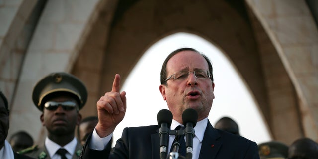 Feb. 2, 2013: French President Francois Hollande speaks at Independence Place in central Bamako, Mali.