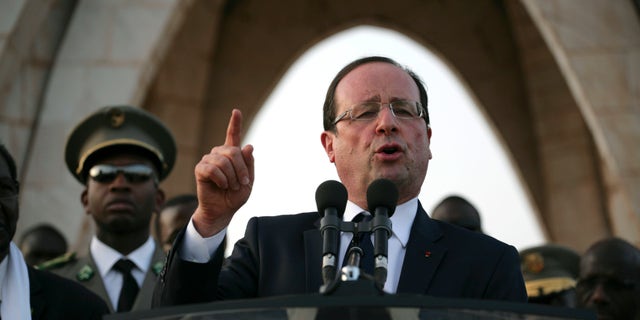 Feb. 2, 2013: French President Francois Hollande speaks at Independence Place in central Bamako, Mali.