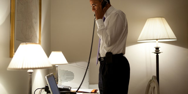 President Obama speaks with Missouri Governor Jay Nixon on the phone during Obama's visit to Dublin, Ireland, about the deadly tornado that hit Joplin, MO late Sunday. (White House Photo/Pete Souza)