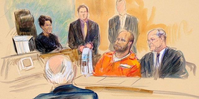 Oct. 1, 2014: This courtroom artist rendering shows U.S. Magistrate Judge Deborah Robinson, left, presiding during Omar J. Gonzalez, accused of jumping a fence at the White House.