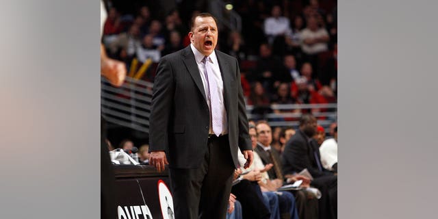 Chicago Bulls head coach Tom Thibodeau shouts out a play against the Toronto Raptors as the Raptors beat the Bulls 101-98 in an NBA basketball game on Tuesday, April 9, 2013 in Chicago. (AP Photo/Charles Cherney)