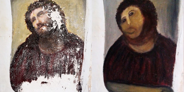 This combination of two undated handout photos made available by the Centro de estudios Borjanos shows the 20th century Ecce Homo-style fresco of Christ before (left) and after (right) an elderly amateur artist took it upon herself to restore it.