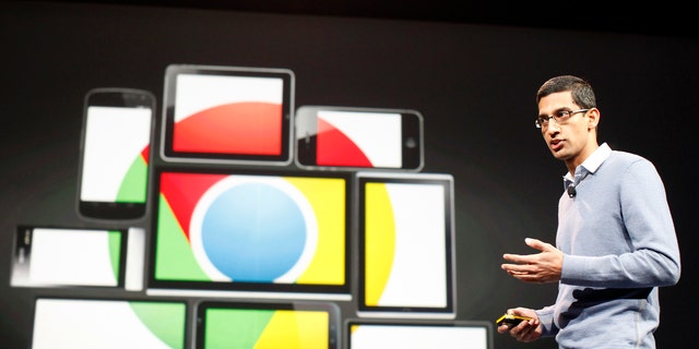 FILE PHOTO: Sundar Pichai speaks at the Google I/O conference at the Moscone Center in San Francisco, California on June 28, 2012.  (Reuters/Stephen Lam)