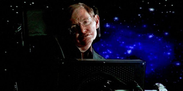 Stephen Hawking speaks via satellite during a Science Channel presentation in Pasadena, Calif.