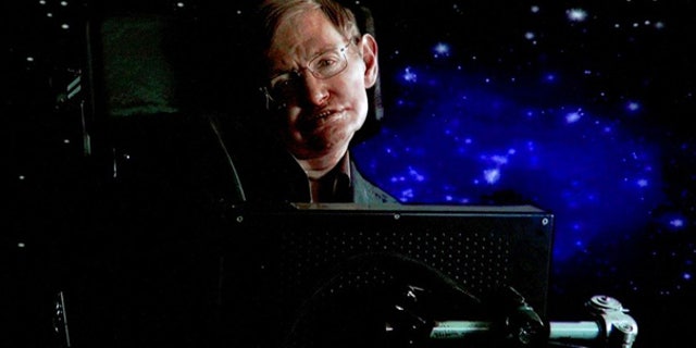 Stephen Hawking speaks via satellite during a Science Channel presentation in Pasadena, Calif.