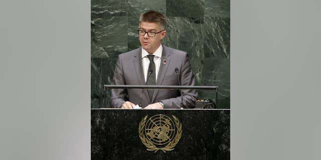 Gunnar Bragi Sveinsson, Minister for Foreign Affairs of Iceland, speaks during the 69th session of the United Nations General Assembly at U.N. headquarters, Monday, Sept. 29, 2014. (AP Photo/Seth Wenig)