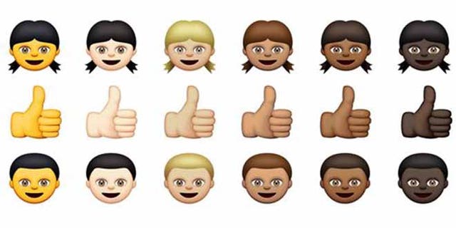 This combination made from images provided by Apple Inc. shows new emoji, the cute graphics that punctuate online writing and texts, that will be available with the next iOS update. Working with the Unicode Consortium, the nonprofit organization that sets the standards for the pictograms, Apple Inc. is incorporating more diverse emoji into the developer version of the latest update to its mobile operating system. The iPhone and iPad maker has not said when the update will be available for all users. (AP Photo/Apple Inc.)