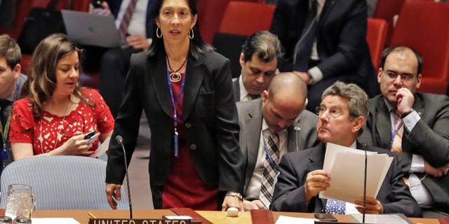 U.S. Deputy Permanent Representative to the U.N. Michele Sison arrives for the Security Council meeting of the United Nations, Thursday, Feb. 2, 2017. (AP Photo/Richard Drew)