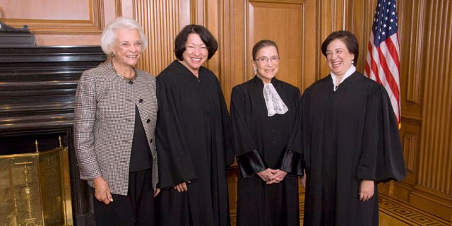 Retired Justice Sandra Day O'Connor, Justice Sonia Sotomayor, Justice Ruth Bader Ginsburg and Justice Elena Kagan in the Justices' Conference Room prior to Justice Kagan's Investiture, Friday, Oct. 1, 2010, at the court in Washington.