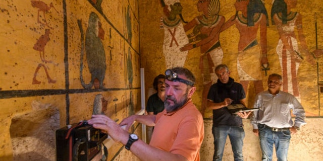 Exclusive Photos: Search Resumes for Hidden Chambers In King Tut's Tomb. A technician uses ground-penetrating radar (GPR) to search for voids behind the west wall of King Tutankhamunâs tomb. The new investigation is directed by specialists from the Polytechnic University of Turin in Italy. (Kenneth Garrett)