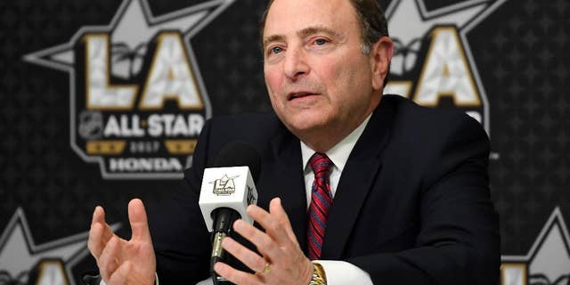 National Hockey League Commissioner Gary Bettman speaks during a news conference at Staples Center, Saturday, Jan. 28, 2017, in Los Angeles. The NHL All-Star Game is scheduled to be played at Staples Center on Sunday. (AP Photo/Mark J. Terrill)