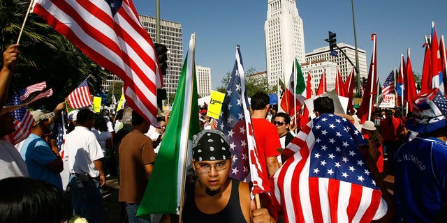 Demonstrators near City Hall from in Los Angeles, California.