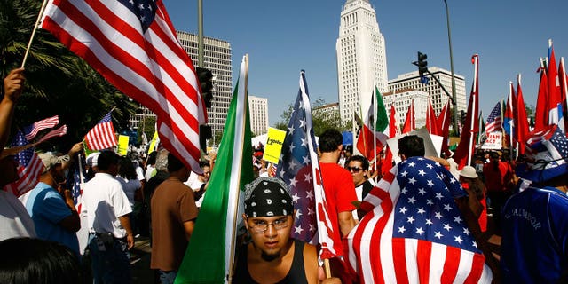 Demonstrators near City Hall from in Los Angeles, California.