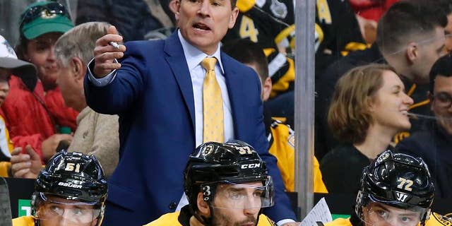 FILE - In this April 8, 2017, file photo, Boston Bruins interim head coach Bruce Cassidy works behind the bench in the third period of an NHL hockey game against the Washington Capitals. The Bruins said on Wednesday, April 26, 2017, it will drop the interim tag and Cassidy will return next season as the team's head coach. Cassidy replaced Claude Julien in February and helped the team return to the playoffs for the first time in three seasons. (AP Photo/Winslow Townson, File)