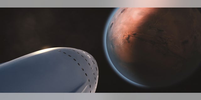Artist's illustration of a SpaceX colony ship arriving at Mars. The company aims to help establish a million-person city on the Red Planet.