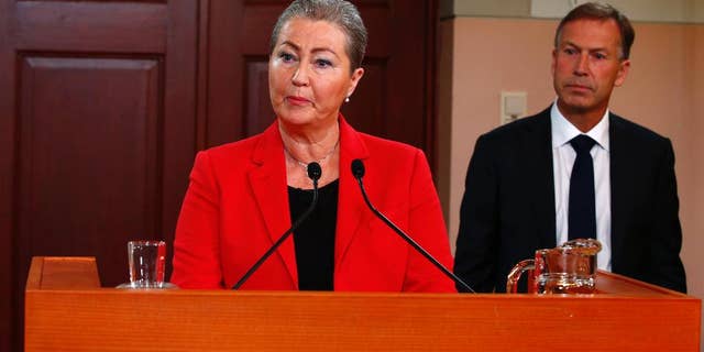 Kaci Kullmann Five, the new head of the Norwegian Nobel Peace Prize Committee, announces the winner of 2015 Nobel peace prize during a press conference in Oslo, Norway, Friday Oct. 9, 2015. The Norwegian Nobel Committee announced Friday that the 2015 Nobel Peace Prize was awarded to the Tunisian National Dialogue Quartet.