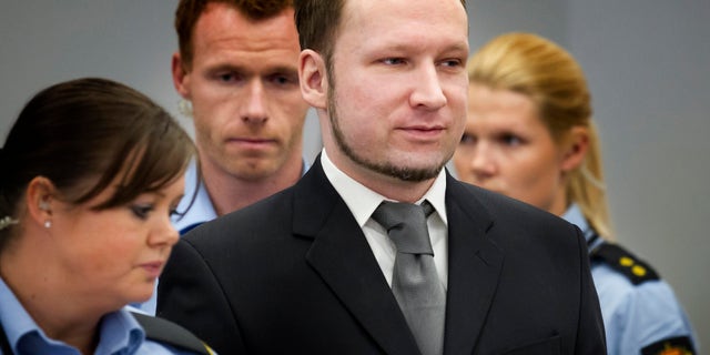 May 3: Anders Behnring Breivik, center, stands in the Oslo Courthouse in Norway.