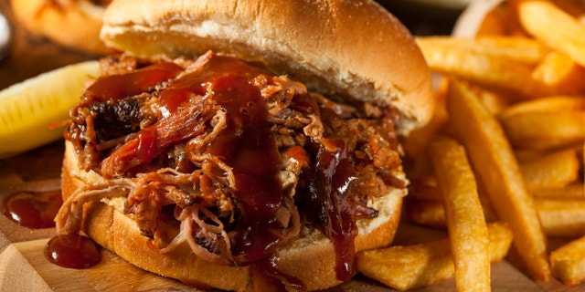Barbeque Pulled Pork Sandwich with BBQ Sauce and Fries