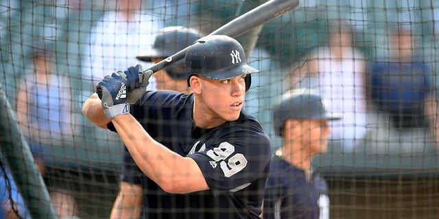 Yankees' Aaron Judge takes batting practice before the team's baseball game against the Baltimore Orioles.