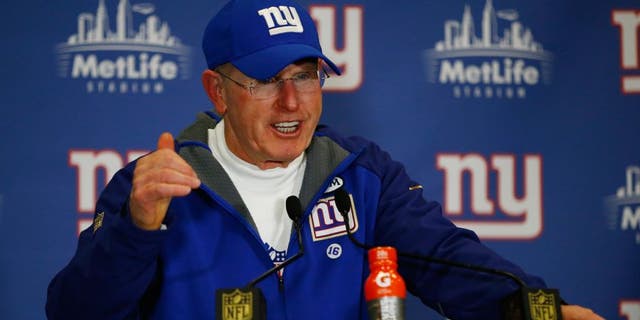 EAST RUTHERFORD, NJ - JANUARY 03: Head coach Tom Coughlin of the New York Giants speaks to the media after their loss to the Philadelphia Eagles at MetLife Stadium on January 3, 2016 in East Rutherford, New Jersey. (Photo by Al Bello/Getty Images)