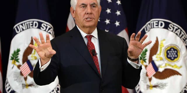 Secretary of State Rex Tillerson speaks to State Department employees.