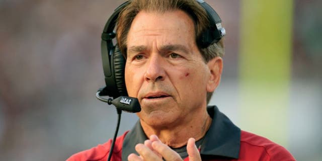 Nov 14, 2015; Starkville, MS, USA; Alabama Crimson Tide head coach Nick Saban during the game against Mississippi State Bulldogs at Davis Wade Stadium. Mandatory Credit: Marvin Gentry-USA TODAY Sports