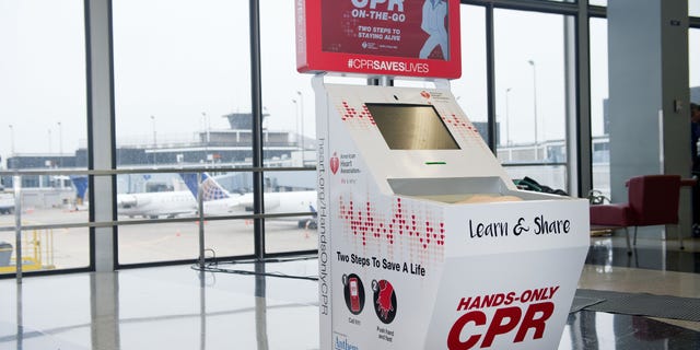 CHICAGO, IL - FEBRUARY 24: The Hands-Only CPR Training Kiosk provided by the American Heart Association and Anthem Foundation debuts at O'Hare International Airport's Terminal 2 on February 24, 2016 in Chicago, Illinois. (Photo by Brian Kersey/Getty Images for The American Heart Association)