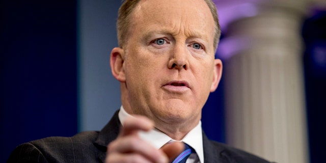 April 10, 2017: White House press secretary Sean Spicer pauses while talking to the media during the daily press briefing at the White House in Washington.