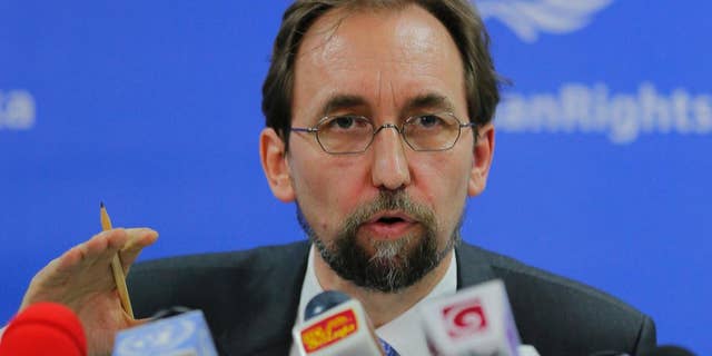 FILE - In this Feb. 9, 2016, file photo, United Nations High Commissioner for Human Rights Zeid Ra’ad al-Hussein speaks in Colombo, Sri Lanka. The U.N. human rights chief said on Wednesday, Oct. 12, 2016 that U.S. presidential candidate Donald Trump would be "dangerous from an international point of view" if he is elected. (AP Photo/Eranga Jayawardena, File)